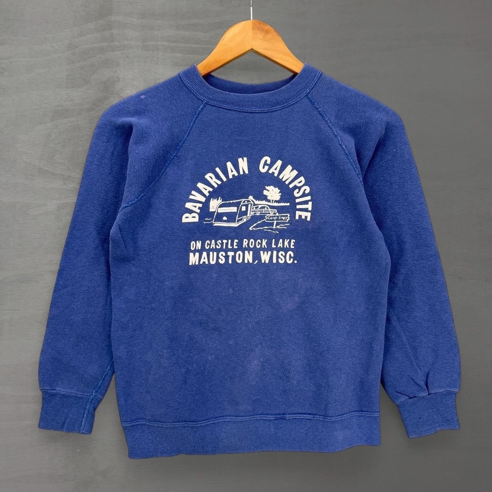Vintage 60s Bavarian Campsite Sweatshirt Blue Wisconsin Graphic Raglan Small